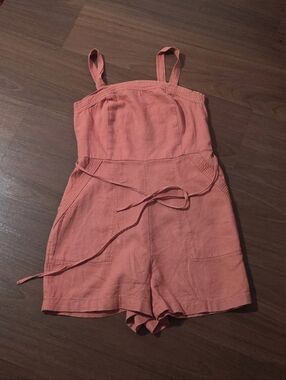 Coral Sleeveless Waist-Defined Linen-Blend Utility Romper -- 3.5-inch inseam
